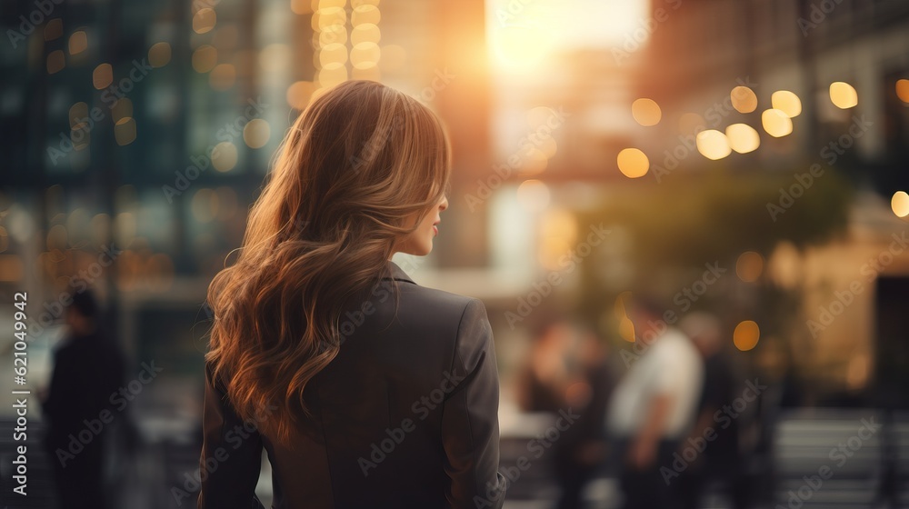 woman walking in the city steadicam shot. backside of business woman with bokeh light. business district background. woman walking in the city steadicam shot. backside of business woman with bokeh light. business district background.