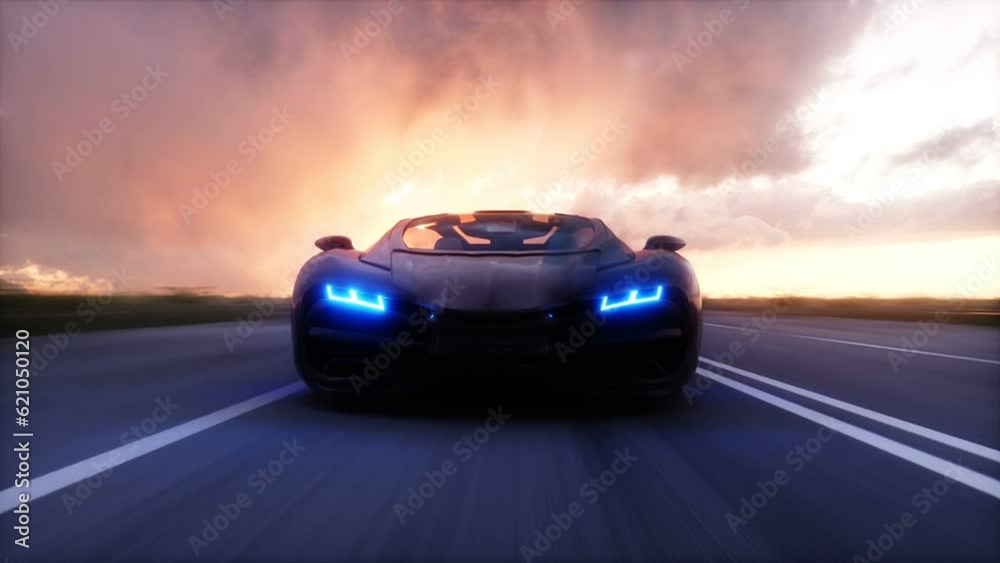 Futuristic electric black car on highway. Very fast driving.