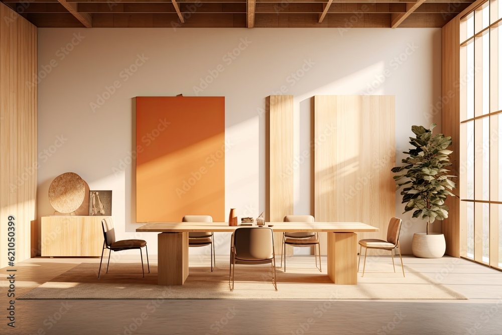 Mock-up of a poster showing a lightly furnished room with chairs and a table.