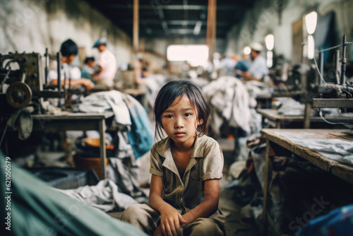 Small Asian girl portrait with blurred textile factory background  Illegal child labour in sweatshop manufacturing concept  documentary style. Generative AI