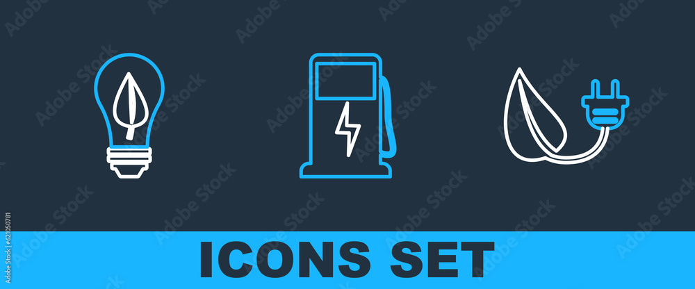 Set line Electric saving plug in leaf, Light bulb with and car charging station icon. Vector Set line Electric saving plug in leaf, Light bulb with and car charging station icon. Vector