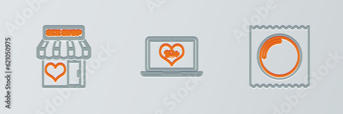 Set line Condom in package, Sex shop building and Laptop with 18 plus content icon. Vector