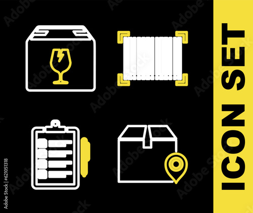 Set line Barcode, Location with cardboard box, Verification of delivery list and Delivery fragile content icon. Vector
