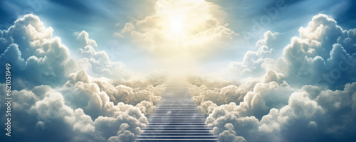Photographie Stairway to heaven, stone staircase leading to orange yellow glow in distance, clouds around