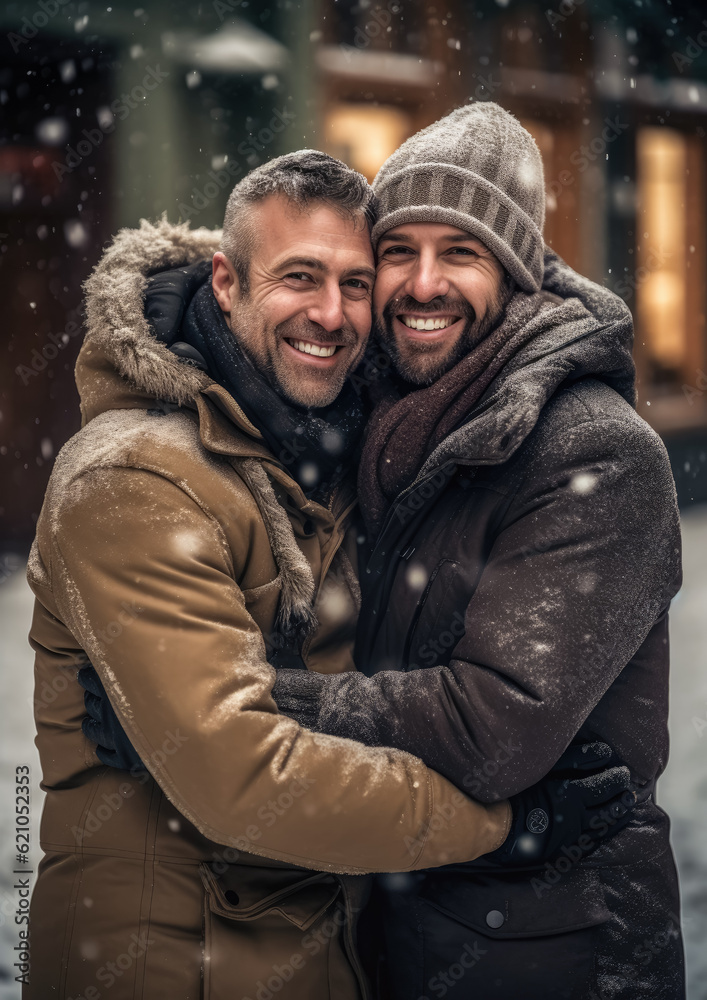 Gay couple on a winter day - smiling happy, snow falling around, standing close together, intimate candid happy moment. Generative AI