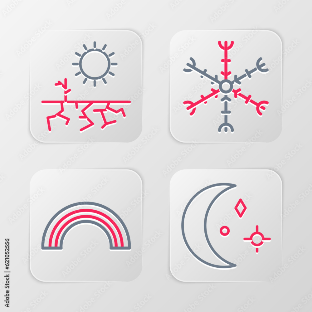 Set line Moon and stars, Rainbow, Snowflake and Drought icon. Vector