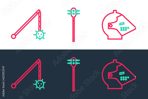 Set line Medieval iron helmet, chained mace ball and icon. Vector