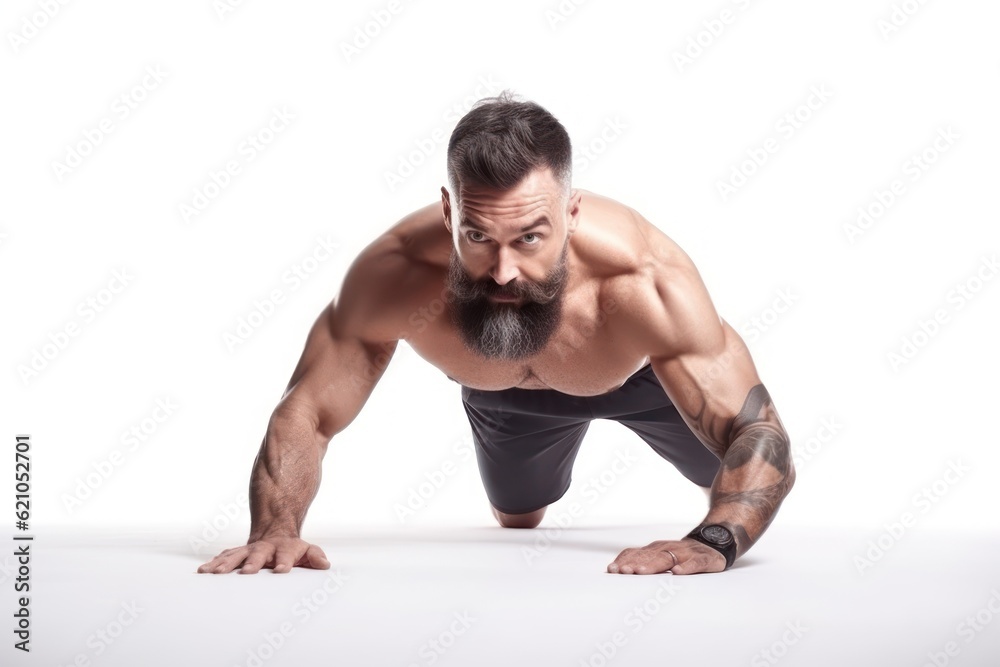 Muscular man doing push-ups, isolated on white background. Generative AI Muscular man doing push-ups, isolated on white background. Generative AI