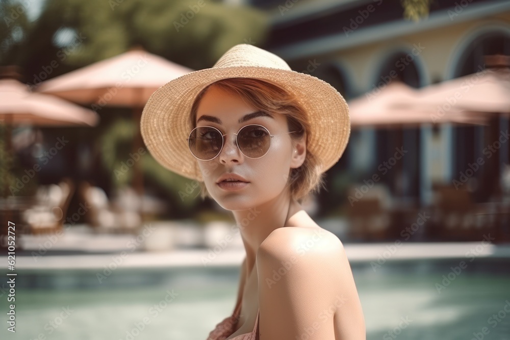 fashion outdoor photo of beautiful woman with blond hair in elegant swimming suit and straw hat posing near swimming pool, Generative AI
