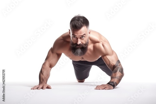 Muscular man doing push-ups, isolated on white background. Generative AI