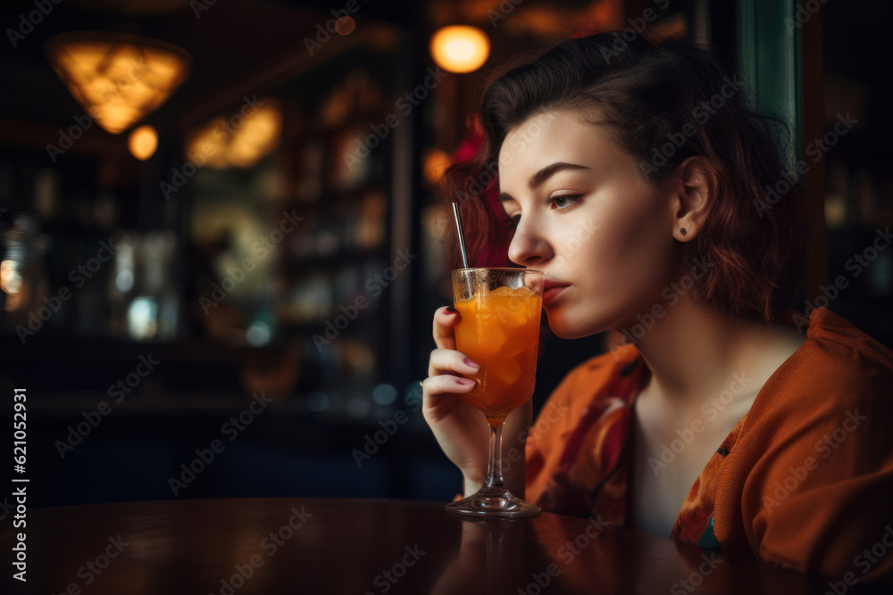 Beautiful young woman drinking a cocktail in a bar. Close-up. Generative AI