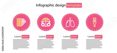 Set line Lungs, Medical thermometer, Earth with medical mask and Pills in blister pack icon. Vector