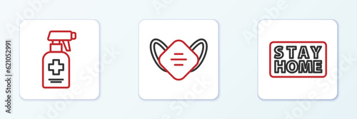 Set line Stay home, Liquid antibacterial soap and Medical protective mask icon. Vector