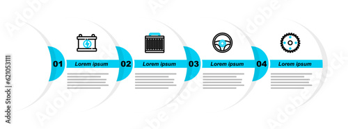 Set line Gear, Steering wheel, Car radiator cooling system and battery icon. Vector