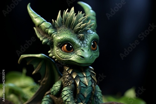 Dark Green Baby Dragon Side Portrait. Generative AI