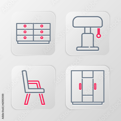 Set line Wardrobe, Armchair, Table lamp and Chest of drawers icon. Vector