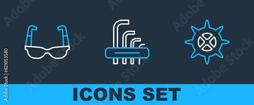 Set line Bicycle sprocket crank, Sport cycling sunglasses and Tool allen keys icon. Vector