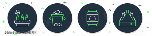 Set line Ice bucket, Beer can, Conveyor band, beer and Pack of bottles icon. Vector