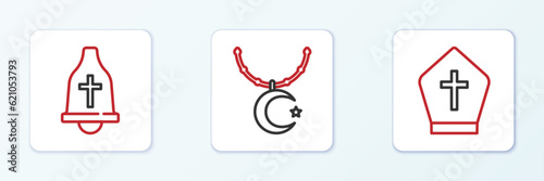 Set line Pope hat, Church bell and Star and crescent on chain icon. Vector