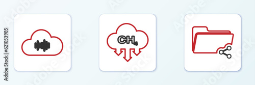 Set line Share folder, Music streaming service and Methane emissions reduction icon. Vector