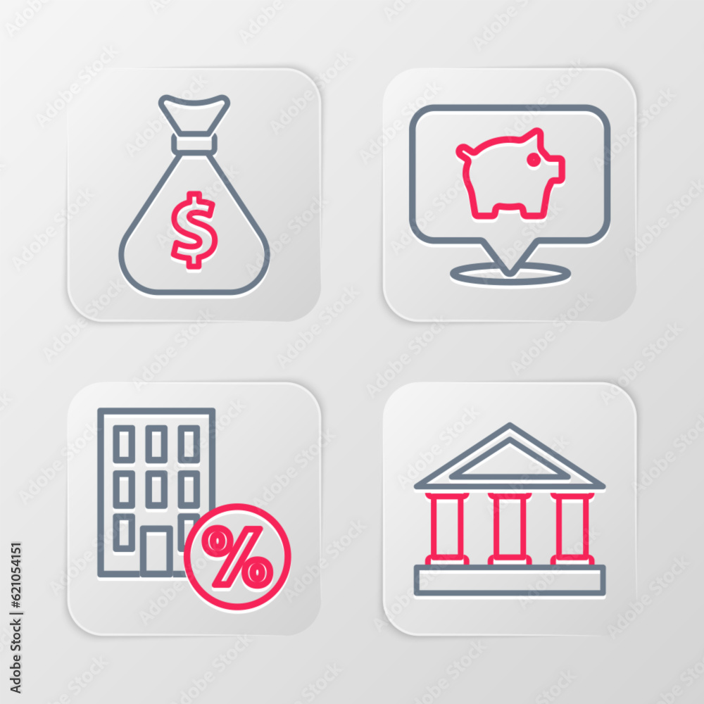 Set line Bank building, House with percant discount, Piggy bank and Money bag icon. Vector Set line Bank building, House with percant discount, Piggy bank and Money bag icon. Vector