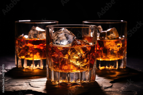 three glasses of whiskey on the rocks in front of a dark background