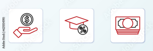 Set line Stacks paper money cash, Hand giving and Graduation cap coin icon. Vector