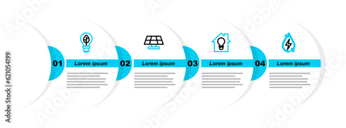 Set line Water energy, Smart house and light bulb, Solar panel and Light with leaf icon. Vector