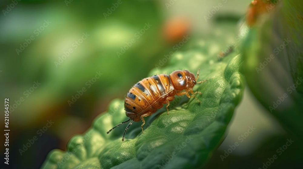 On a potato leaf, Colorado potato bug larvae faded away. Up close. An illustration of how to protect agricultural plants from pests. farming and gardening. Macro On a potato leaf, Colorado potato bug larvae faded away. Up close. An illustration of how to protect agricultural plants from pests. farming and gardening. Macro