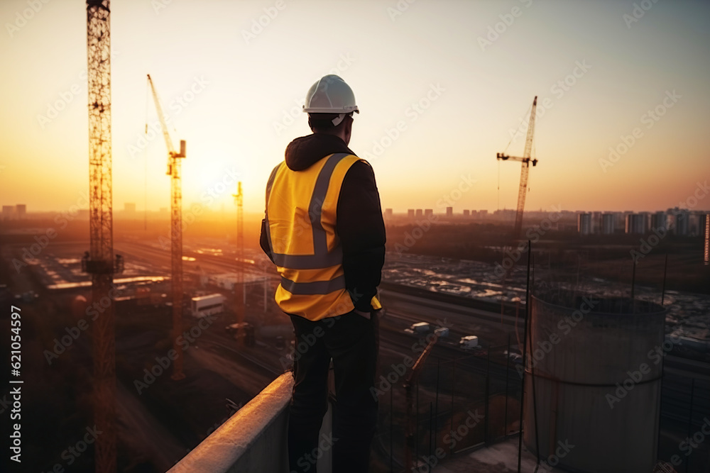 Engineer wearing protective cask and yellow vest. Man looks at the construction. Building cranes at sunset. Generative AI. Engineer wearing protective cask and yellow vest. Man looks at the construction. Building cranes at sunset. Generative AI.