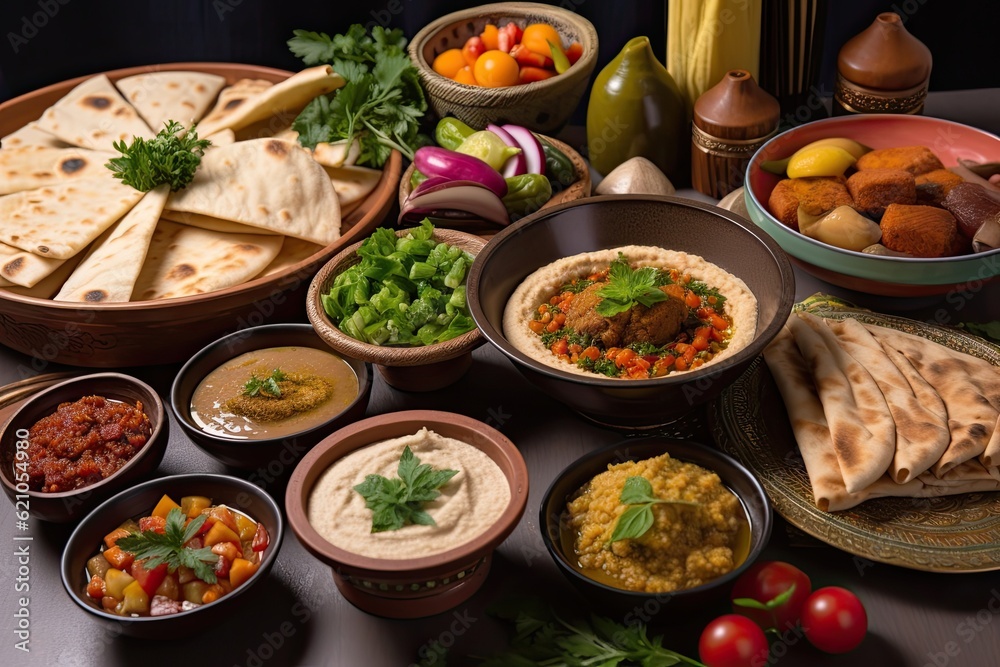 a spread of different arabic dishes, including hummus, baba ghanoush and falafel, created with generative ai a spread of different arabic dishes, including hummus, baba ghanoush and falafel, created with generative ai
