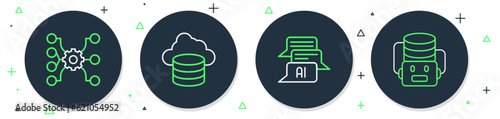 Set line Cloud database, Chat bot, Neural network and Artificial intelligence robot icon. Vector