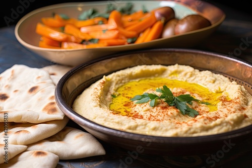 close-up of a warm and steamy plate of hummus with pita bread on the side, created with generative ai