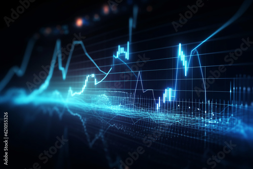 Financial graphs with glowing lines. Diagram on digital screen. Trading market and economic concept. Generative AI.