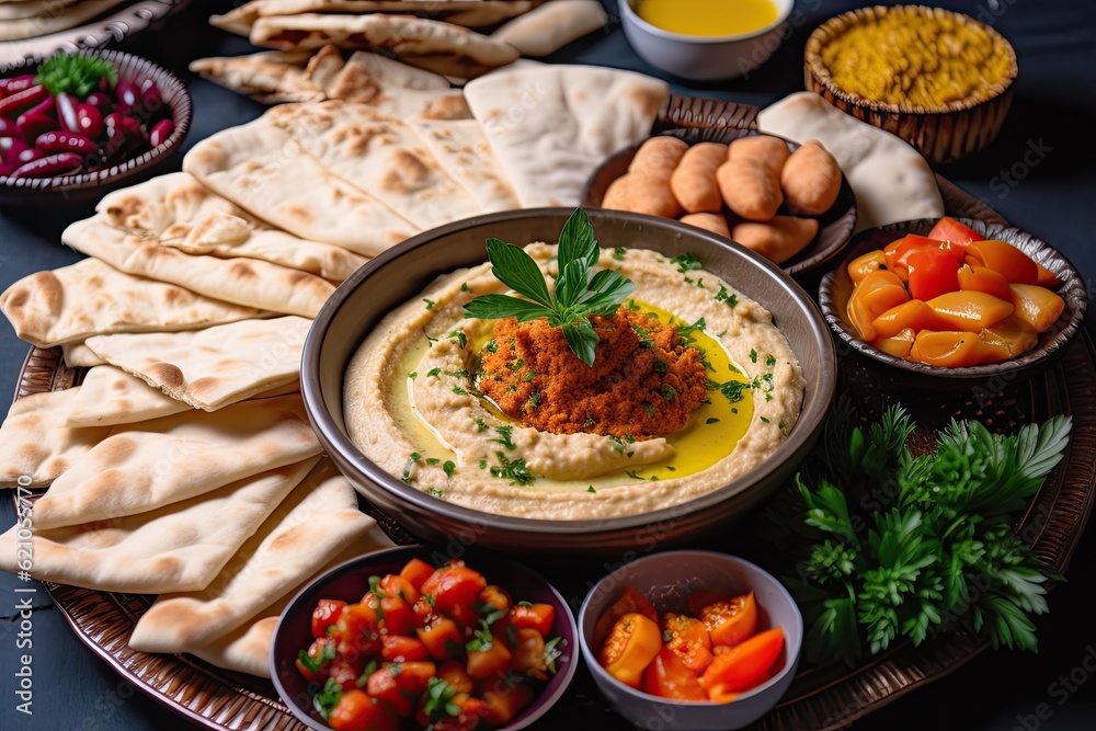 a plate of hummus, pita bread, and other arabic favorites, created with generative ai a plate of hummus, pita bread, and other arabic favorites, created with generative ai