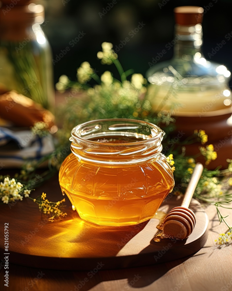 Gorgeous glass jar with delicious honey illustration made with Generative AI Gorgeous glass jar with delicious honey illustration made with Generative AI