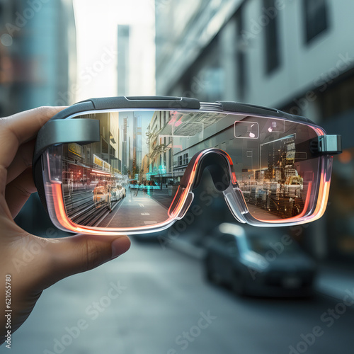 Person holding augmented reality glasses in a city street, Concept of augmented reality technology being used in futuristic smart tech glasses, Generative AI