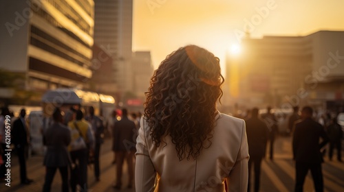 Africa woman. backside of business woman with bokeh light. business district background.