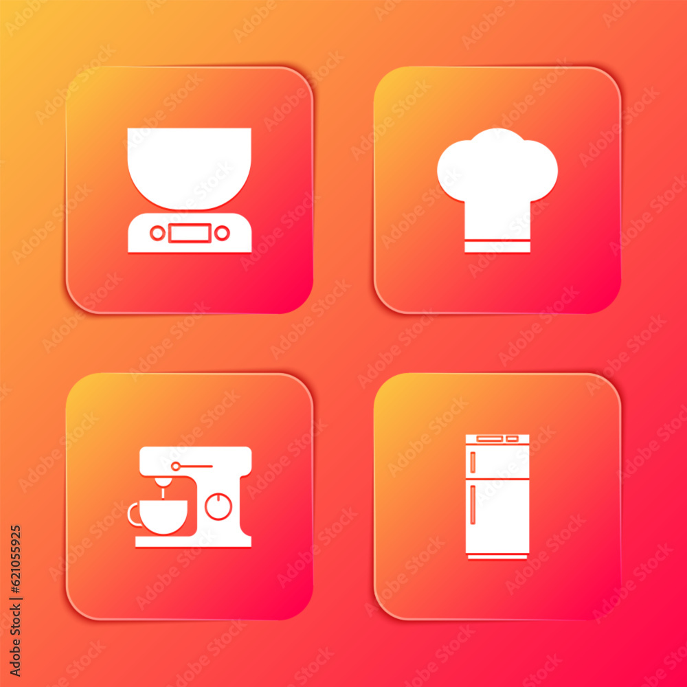 Set Electronic scales, Chef hat, Electric mixer and Refrigerator icon. Vector Set Electronic scales, Chef hat, Electric mixer and Refrigerator icon. Vector