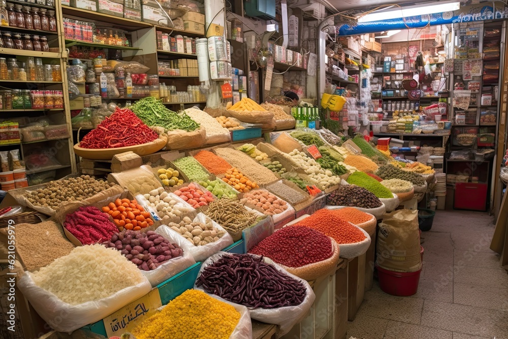 middle eastern market, with a variety of fresh fruits, vegetables and spices on display, created with generative ai