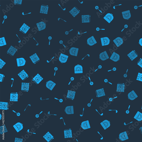 Set Kitchen ladle, Pizza knife, Oven and Electric stove on seamless pattern. Vector