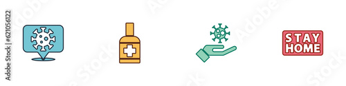Set Corona virus on location, Liquid antibacterial soap, Hand with and Stay home icon. Vector