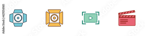 Set Movie spotlight, , Online play video and clapper icon. Vector