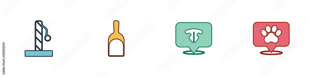 Set Cat scratching post, Dustpan, nose and Location veterinary hospital icon. Vector Set Cat scratching post, Dustpan, nose and Location veterinary hospital icon. Vector