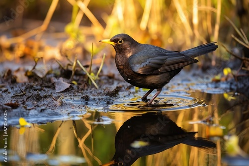 A male blackbird (Turdus merula) with an earthworm in its jaws stands in the water of a bird drinking hole. Czechia. Europe