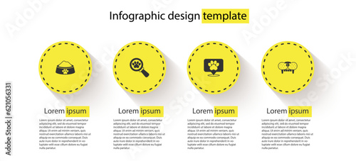 Set Pet food bowl, Veterinary clinic, Location veterinary hospital and Cat tooth. Business infographic template. Vector