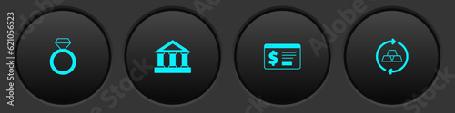 Set Diamond engagement ring, Bank building, Online banking with dollar and Gold bars icon. Vector