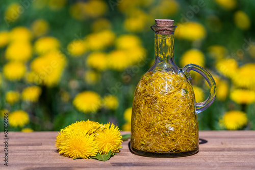 Homemade dandelion flowers tincture in glass bottle on a wooden table in a summer garden, closeup