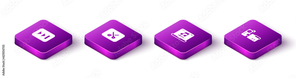 Set Isometric Fast forward, Music video editing, Laptop with music and Cinema camera icon. Vector Set Isometric Fast forward, Music video editing, Laptop with music and Cinema camera icon. Vector
