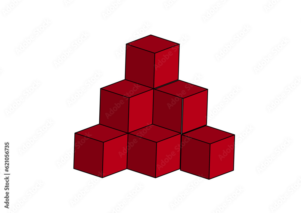 pyramide aus sechs gestapelten roten würfeln, 3d pyramide aus sechs gestapelten roten würfeln, 3d